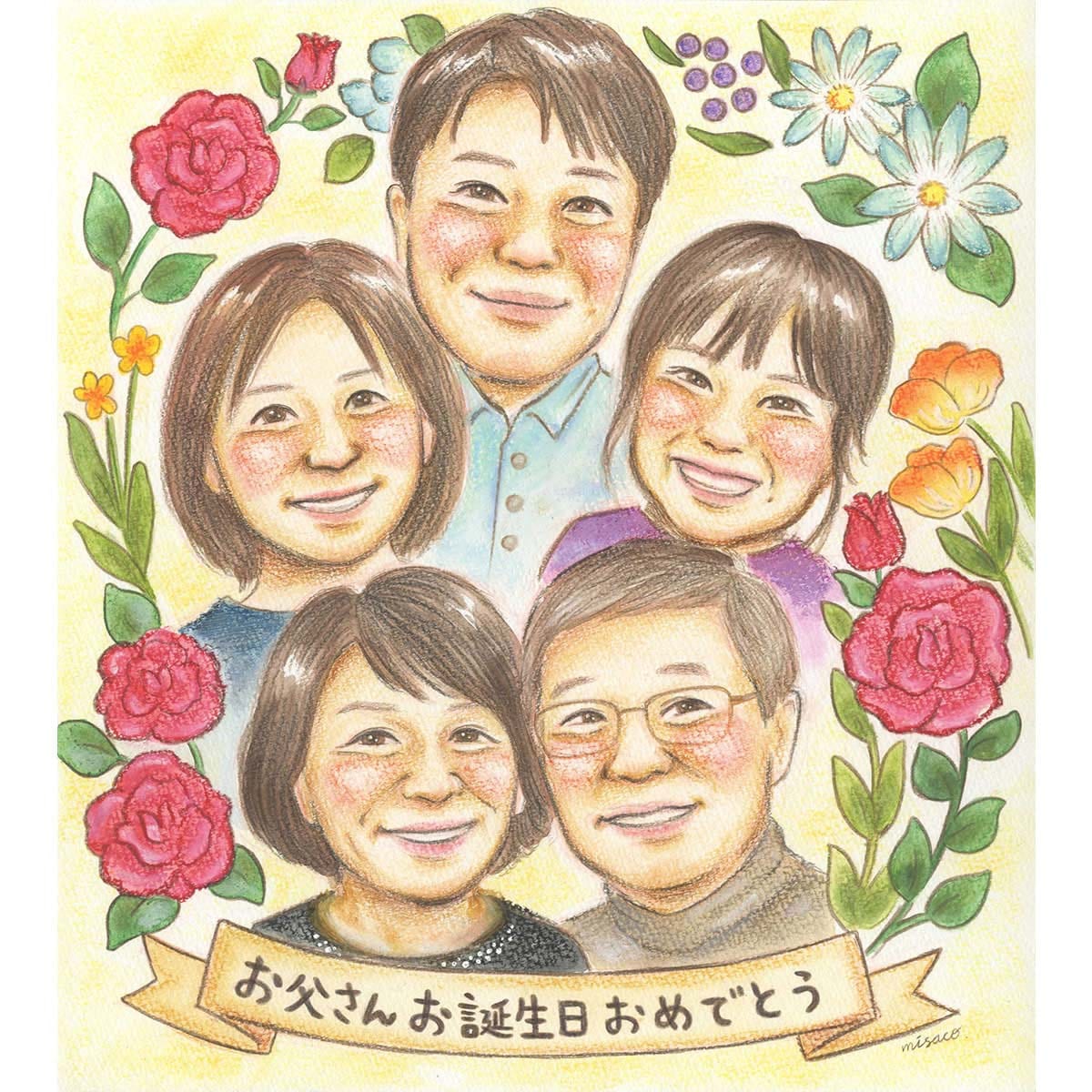 色鉛筆のタッチがやさしい お花に囲まれたにっこり笑顔のお誕生