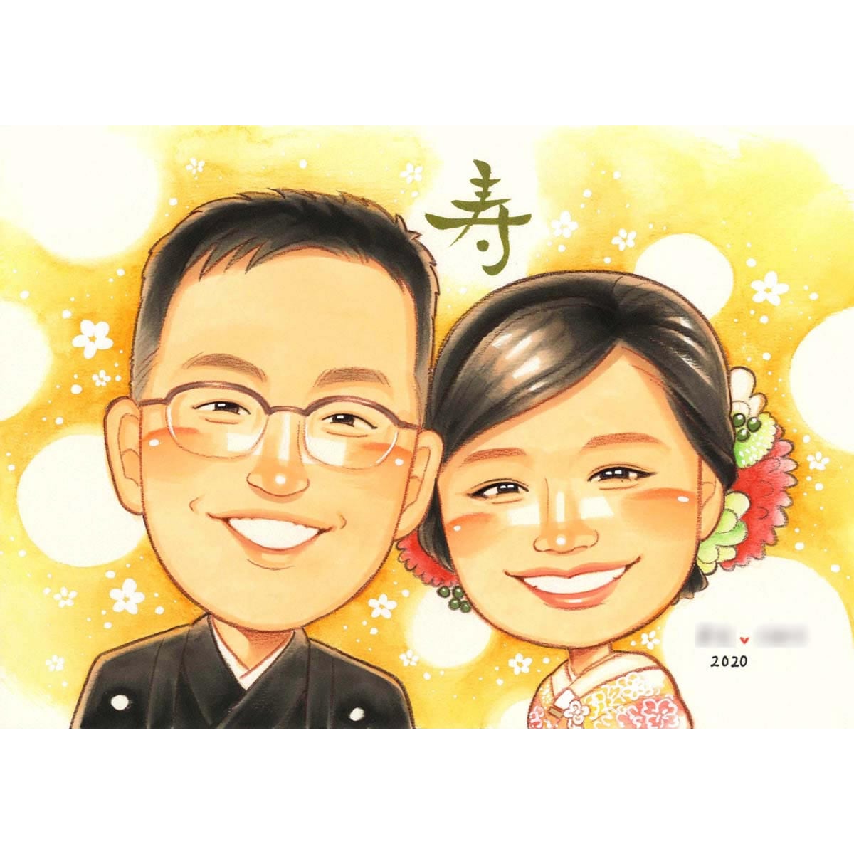 和装の似顔絵ウェルカムボード。結婚のお祝いにももらって嬉しい似顔絵