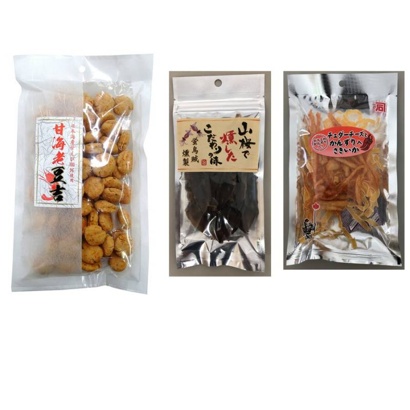 【メール便】長岡おつまみセット【 おつまみ3選A 】甘海老豆吉100ｇ蛍烏賊燻製8ｇ チェダーチーズとかんずり入さきいか35ｇ珍味 海鮮 酒の肴 干物