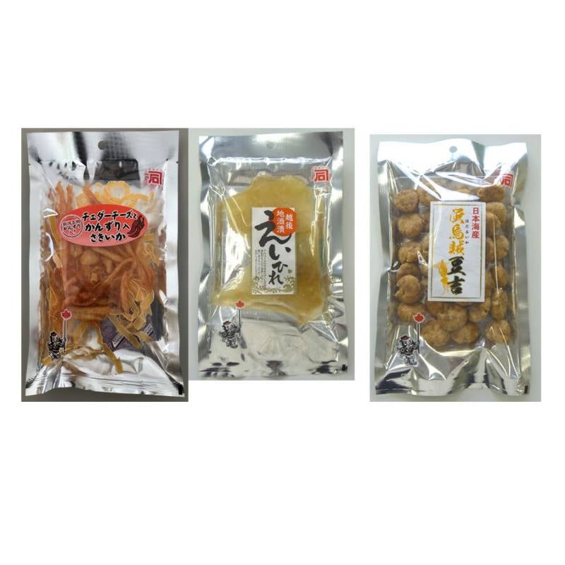 【メール便】長岡おつまみセット【 おつまみ3選C 】蛍烏賊豆吉90g チェダーチーズとかんずり入さきいか35ｇ 越後地酒漬えいひれ40ｇ 珍味 海鮮 酒の肴 干物