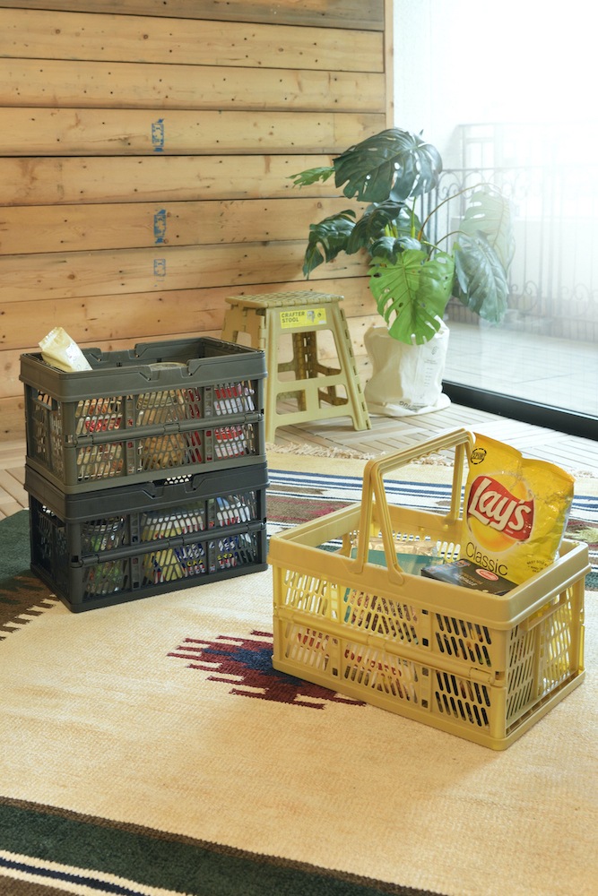 折りたたみバスケットハンドル付「スタッチボックス 」 積み重ね◎アウトドアや収納に♪S