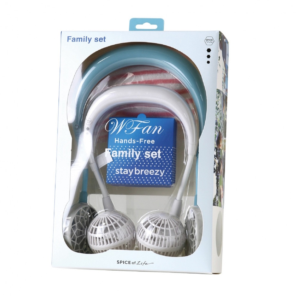 親子ペアのおしゃれな携帯用扇風機　SPICE OF LIFE ダブルファン ハンズフリー ファミリーセット アクア
