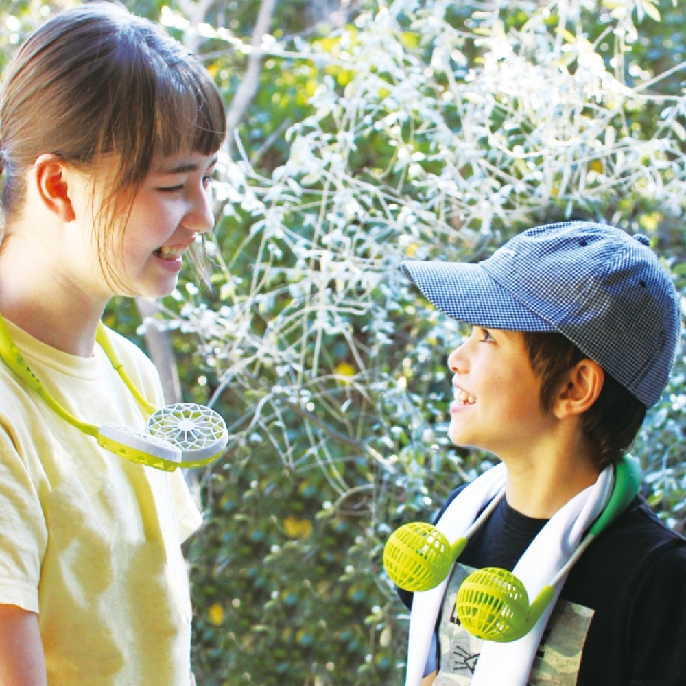 親子ペアのおしゃれな携帯用扇風機　SPICE OF LIFE ダブルファン ハンズフリー ファミリーセット アクア