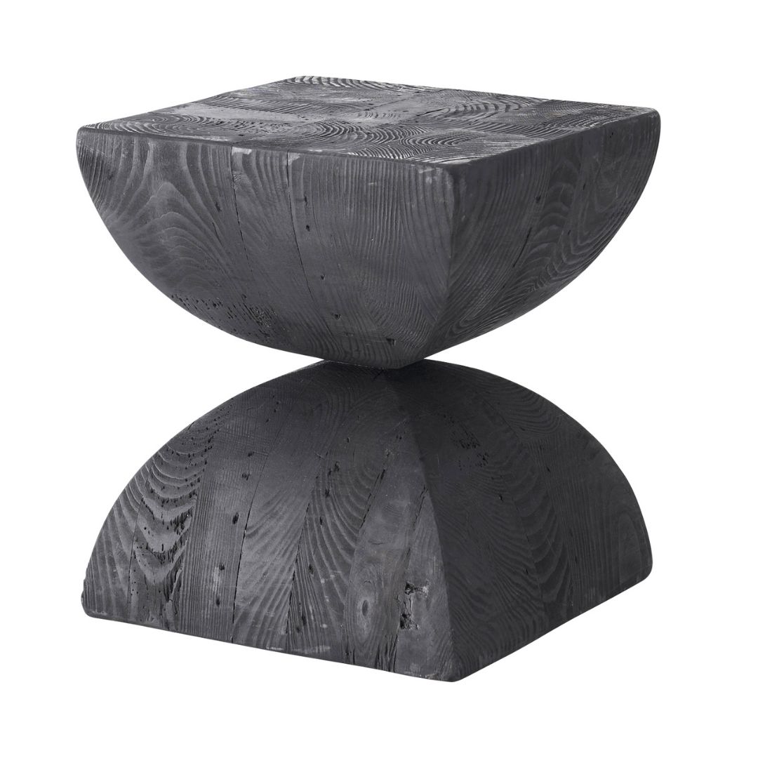 パイン古材の質感と独特の形状 天然木(パイン古材) ×黒×線の美しさのバランス【サイドテーブル】丸みのあるカーブ型