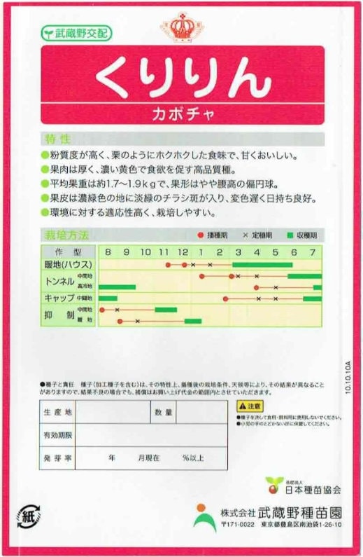 くりりん　６枚 武蔵野種苗園 カボチャ くりりん 約6粒【郵送対応】