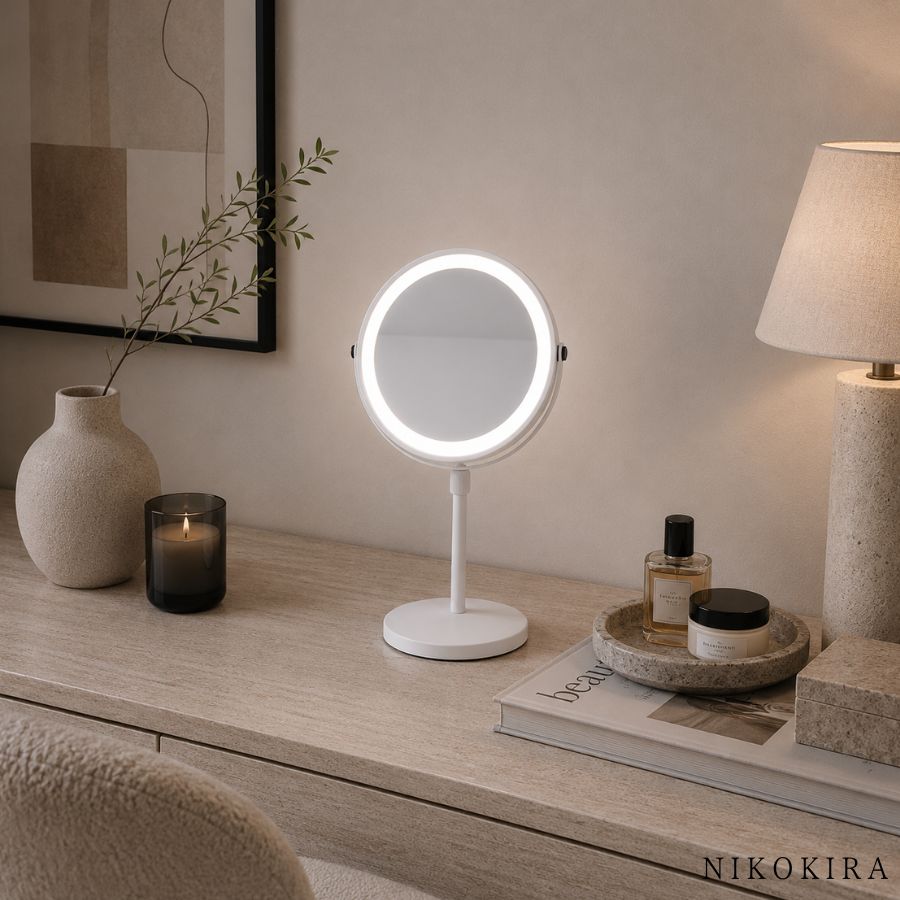 鏡 卓上ミラー LEDライト付き 拡大鏡 高さ調整 スタンドミラー 43.5cm