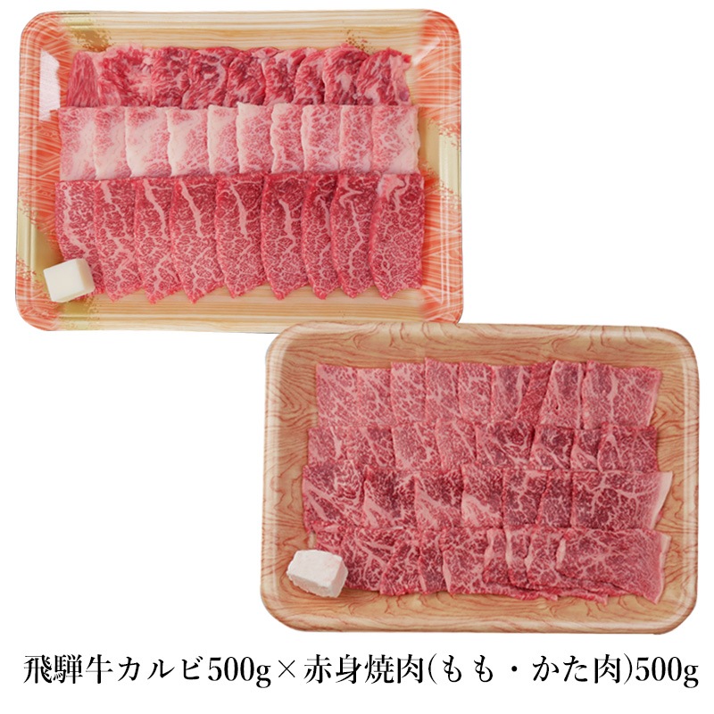焼肉 《メガ盛り》 飛騨牛 カルビ 500g ＆ もも・かた（赤身） 500g 合計 1kg 焼肉用 送料無料