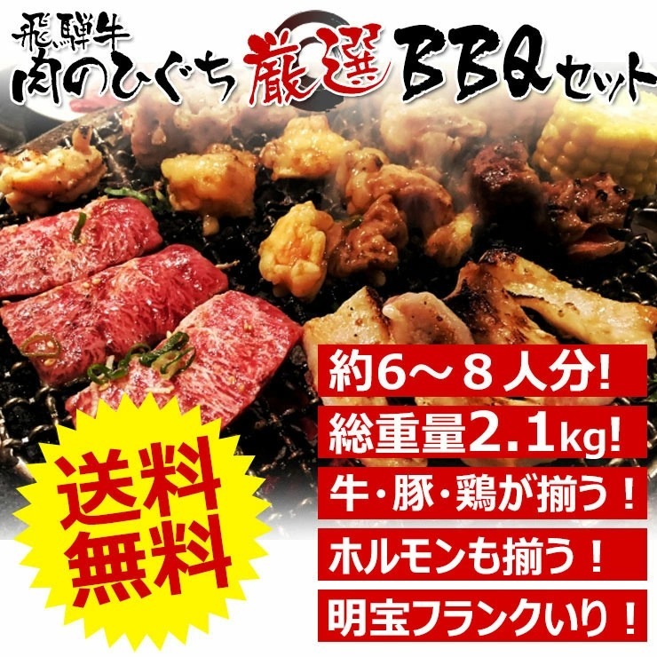 バーベキューセット 6～8人前 飛騨牛2種 国産豚肉 国産若鶏 豚ホルモン 明宝フランク 合計2.1kgセット 冷凍<br>