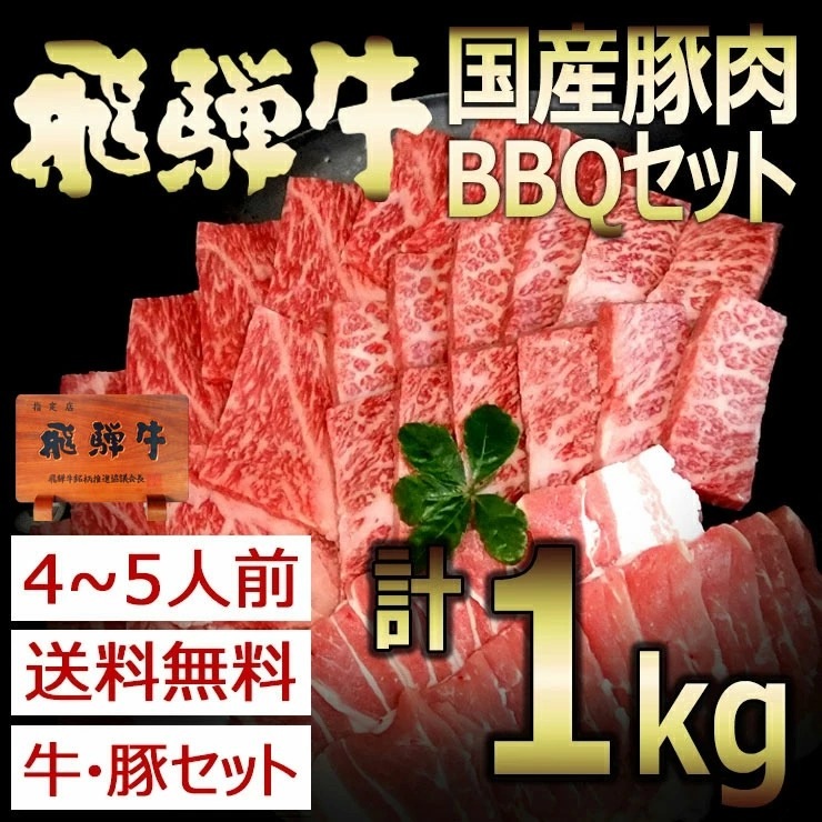 バーベキューセット 4～5人前 飛騨牛2種 国産豚肉2種 合計1kgセット<br>
