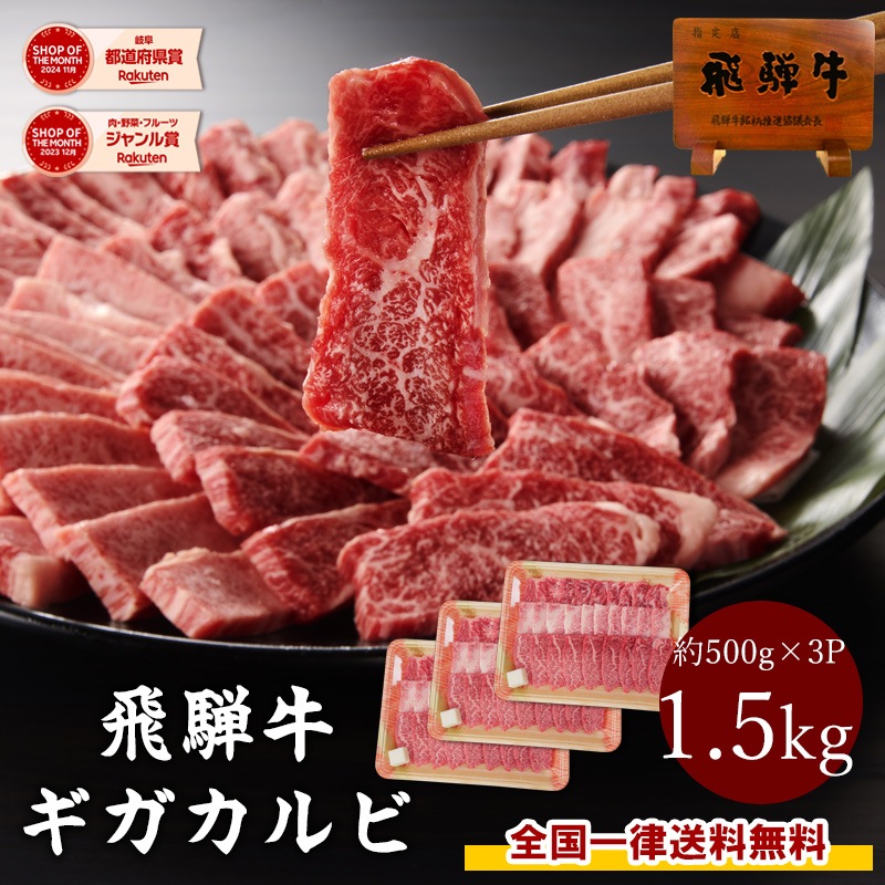【送料無料】飛騨牛 焼肉 ギガ盛り 1.5kg（500g×3）カルビ A4等級以上 BBQ バーベキュー 焼き肉 大容量 お取り寄せ ギフト