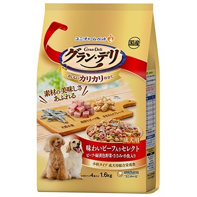 ユニチャーム　グラン・デリ　カリカリ仕立て　味わいビーフ入りセレクト　1．6ｋｇ　成犬用【ｍ特】