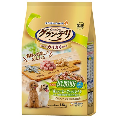 ユニチャーム　グラン・デリ　カリカリ仕立て　成犬用低脂肪　味わいビーフ入りセレクト　 1．6ｋｇ
