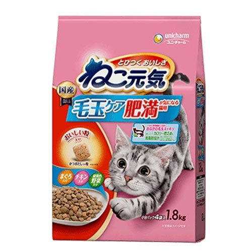 ユニ・チャーム ねこ元気 毛玉ケア 肥満が気になる猫用 まぐろ・チキン・野菜入り 1．8ｋｇ