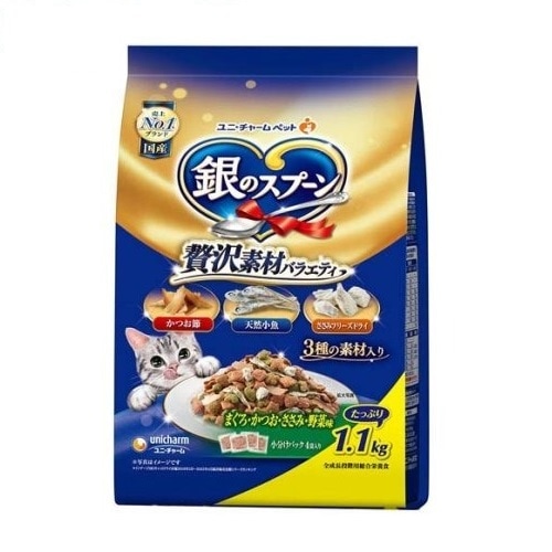 ユニチャーム 銀のスプーン 贅沢素材バラエティ まぐろ・かつお・ささみ・野菜味 1.1Kg【ｍ特】