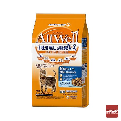 ユニチャーム オールウェル AllWell 10歳以上腎臓の健康維持用 フィッシュ味 挽き小魚とささみ フリーズドライパウダー入り 750ｇ