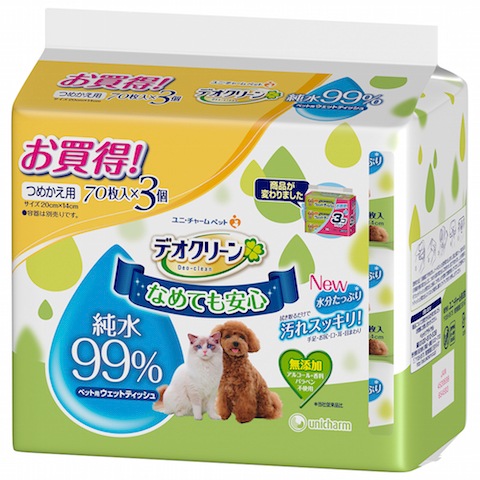 ユニチャーム　デオクリーン 純水99％ウェットティッシュ　つめかえ用70枚　 3個パック