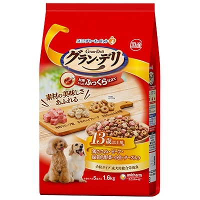 グラン・デリ　ふっくら仕立て　13歳以上用　鶏ささみ・ビーフ・緑黄色野菜・小魚・チーズ・角切りビーフ粒入り　1．6ｋｇ【ｍ特】