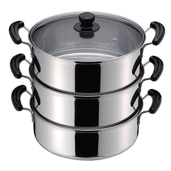 パール金属 だんらん ステンレス製ガラス蓋付3段蒸し器30cm(目皿付) H