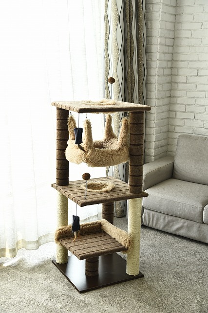 ペッツラブ 猫 タワー 多頭 ネコ ストレス発散 据え置き キャットタワー YS93163 3段タイプ ハンモック付き おしゃれ 当店オリジナル インテリア 組み立て簡単 【N's】