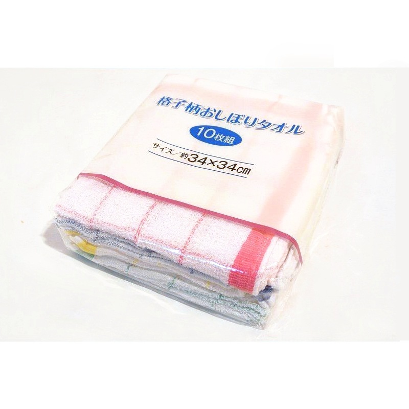 格子おしぼりタオル10枚組　カラーアソート　総パイル　綿100％　