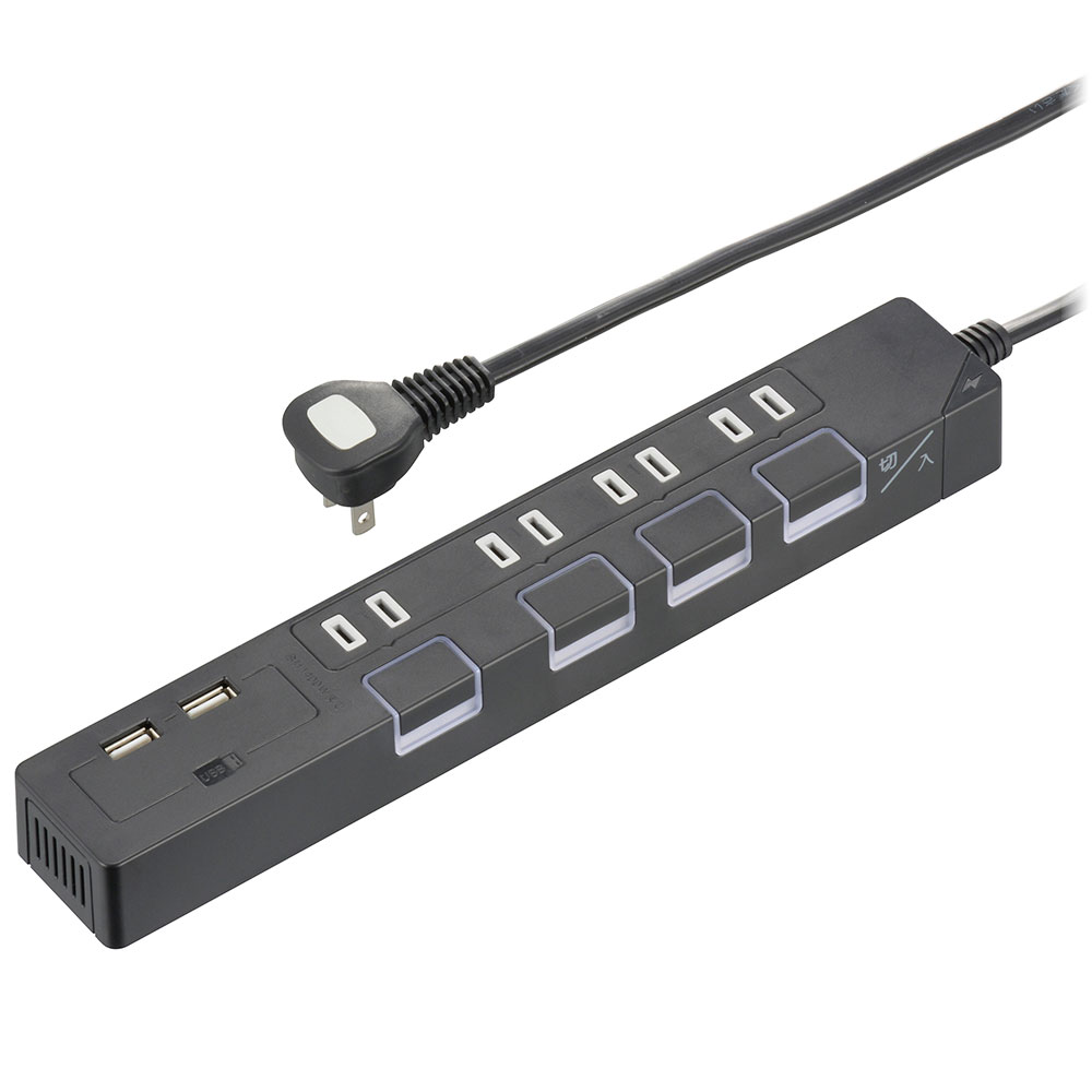 オーム電機 節電タップ 光る押しボタンスイッチ 雷ガード4個口 USBポート付き 2m ブラック HS-TPKU42K-22