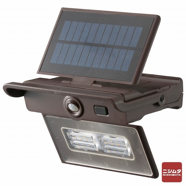 オーム電機 monbanソーラー式センサーライト パネル折りたたみ 電球色LED ブラウン LS-S140PFR4-T  [品番]06-4290