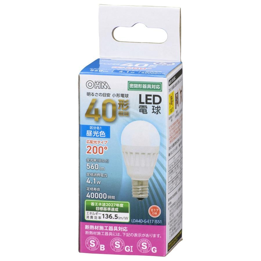 オーム電機 OHM LED電球 小形 E17 40形相当 昼光色 LDA4D-G-E17 IS51