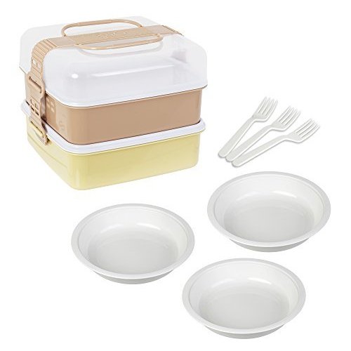 サンコープラスチック 弁当箱  リオパック L型 2段 取り皿3枚・フォーク3本付き アースベージュ