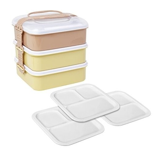サンコープラスチック 弁当箱  リオパック 3段 取り皿3枚付き アースベージュ