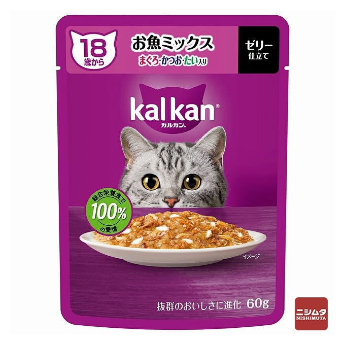 【ネコポス対応 12】マースジャパン　カルカン パウチ　18歳から　シニア猫用　お魚ミックス　まぐろ・かつお・たい入り　ゼリー仕立て　60g 【ｍ特】