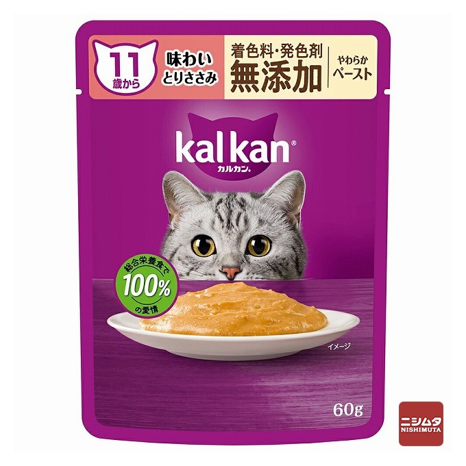 【ネコポス対応 12】マースジャパン　カルカン パウチ　やわらかペースト　11歳から　シニア猫用　味わい とりささみ　60g　無添加 【ｍ特】