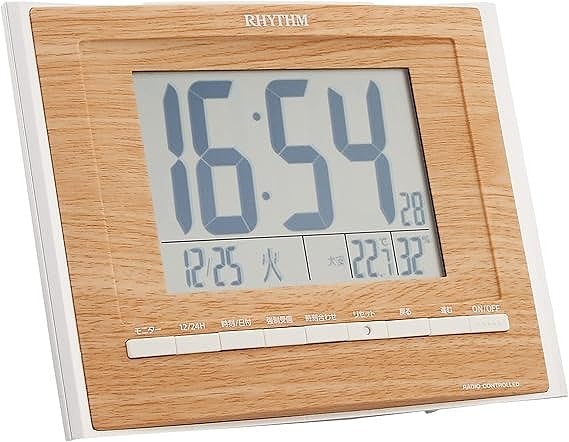 リズム(RHYTHM) 目覚まし時計 電波 デジタル フィットウェーブD172 置き ・ 掛け 兼用 温度 ・ 湿度 カレンダー 付 茶 (薄茶木目仕上げ) RHYTHM 8RZ172SR07