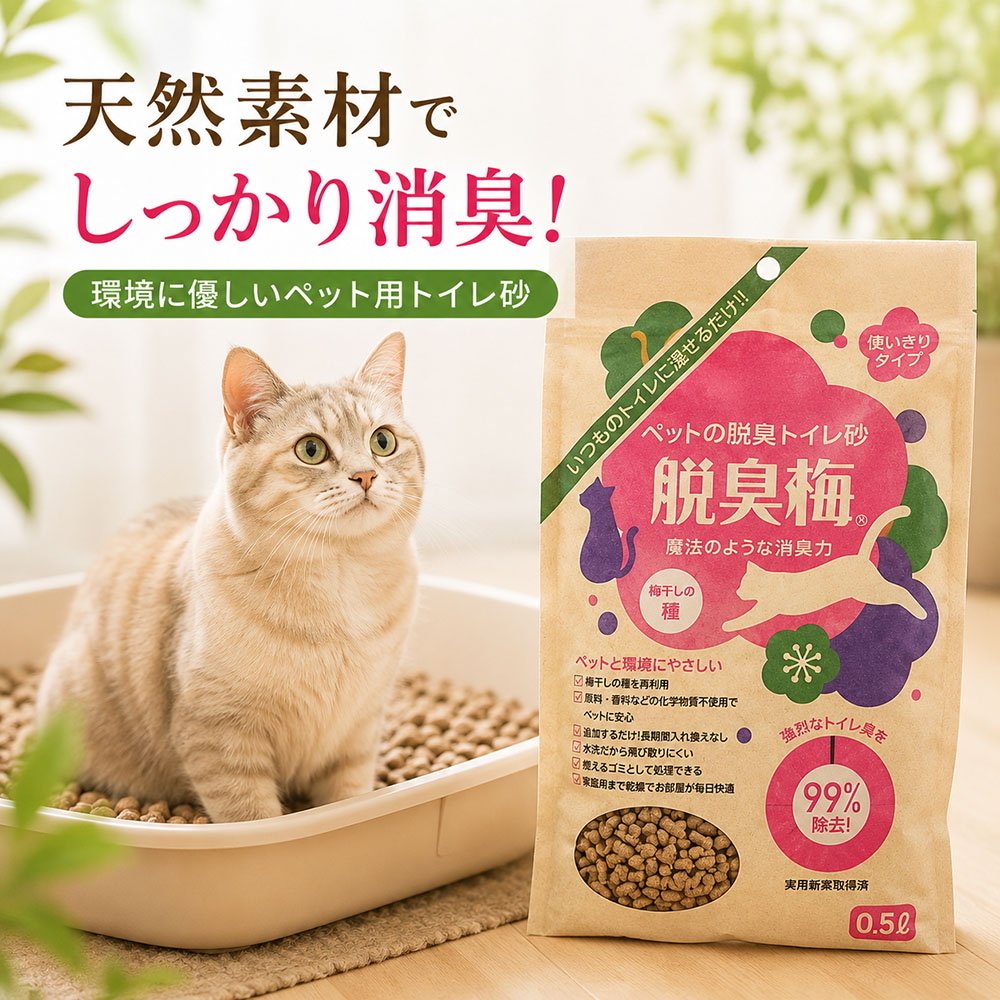 センターバレイ 脱臭梅 ペット用トイレ砂 0.5L 和歌山県産梅の種100％使用 天然素材 消臭 猫砂 小動物用 国産 日本製 無添加 エコ サステナブル 多頭飼いのニオイ対策