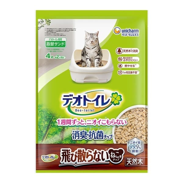 ユニ・チャーム　デオトイレ　消臭・抗菌チップ　天然木　飛び散らないねこ型チップ　4.0L　猫砂