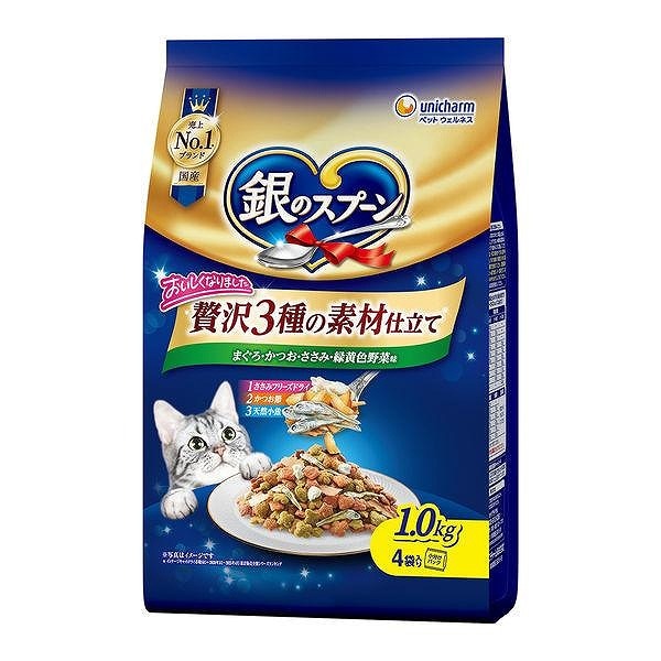 ユニ・チャーム 銀のスプーン 贅沢3種の素材仕立て まぐろ・かつお・ささみ・野菜味 1.0kg