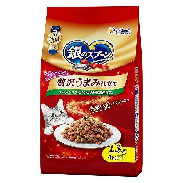 ユニ・チャーム 銀のスプーン 贅沢うまみ仕立て まぐろ・かつお・煮干し・ささみ・緑黄色野菜味 1.3kg