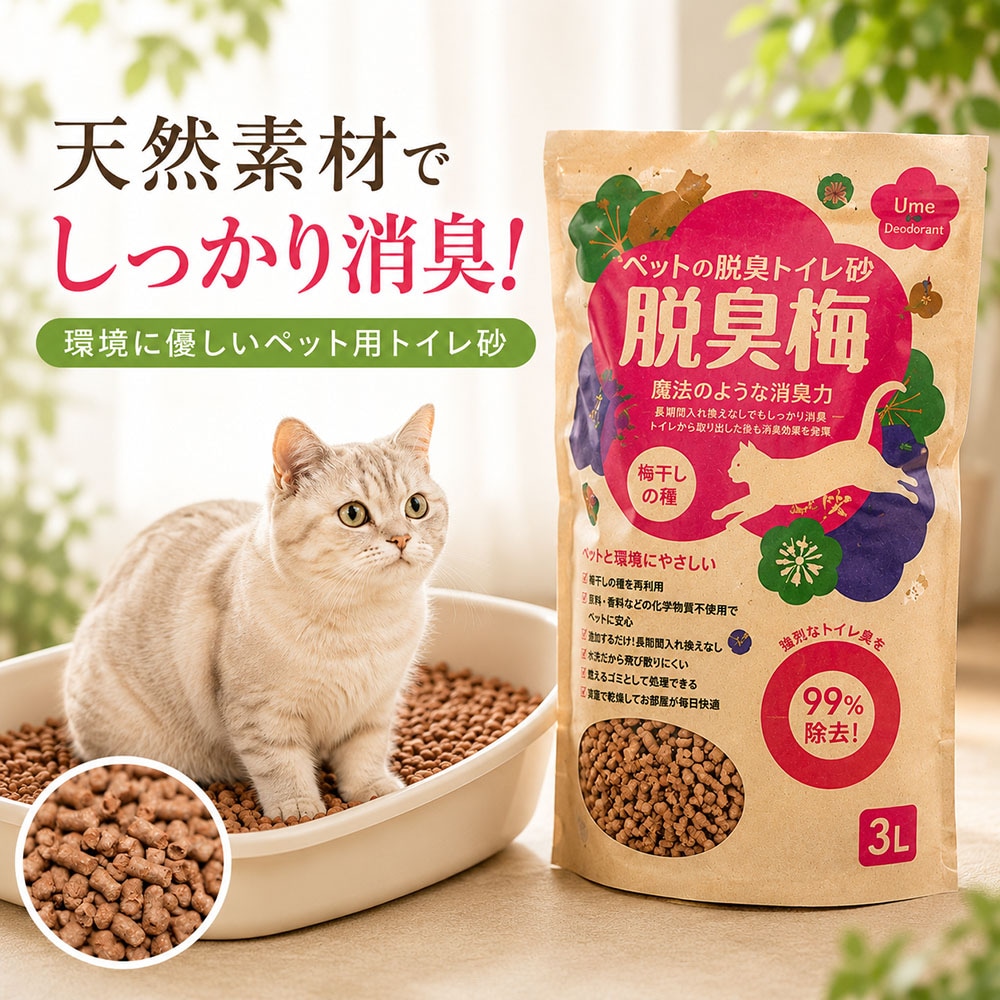 センターバレイ 脱臭梅 ペット用トイレ砂 3.0L 和歌山県産梅の種100％使用 天然素材 消臭 猫砂 小動物用 国産 日本製 無添加 エコ サステナブル 多頭飼いのニオイ対策