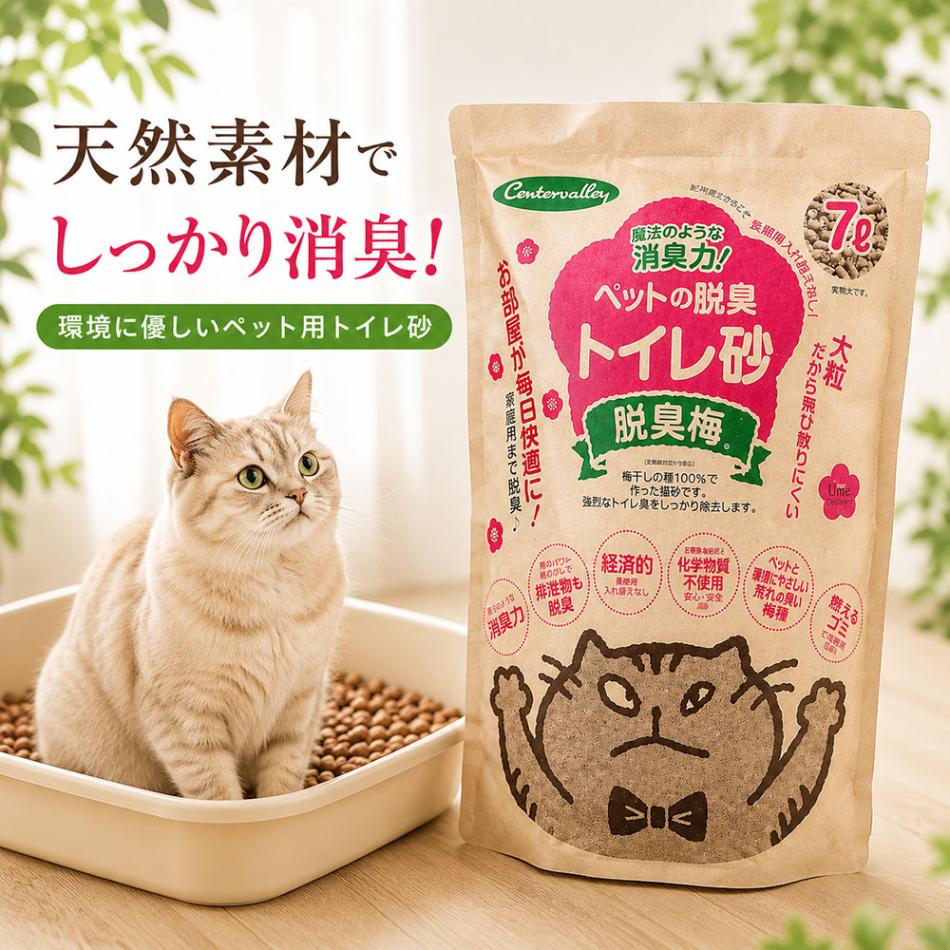 センターバレイ 脱臭梅 ペット用トイレ砂 7.0L 和歌山県産梅の種100％使用 天然素材 消臭 猫砂 小動物用 国産 日本製 無添加 エコ サステナブル 多頭飼いのニオイ対策