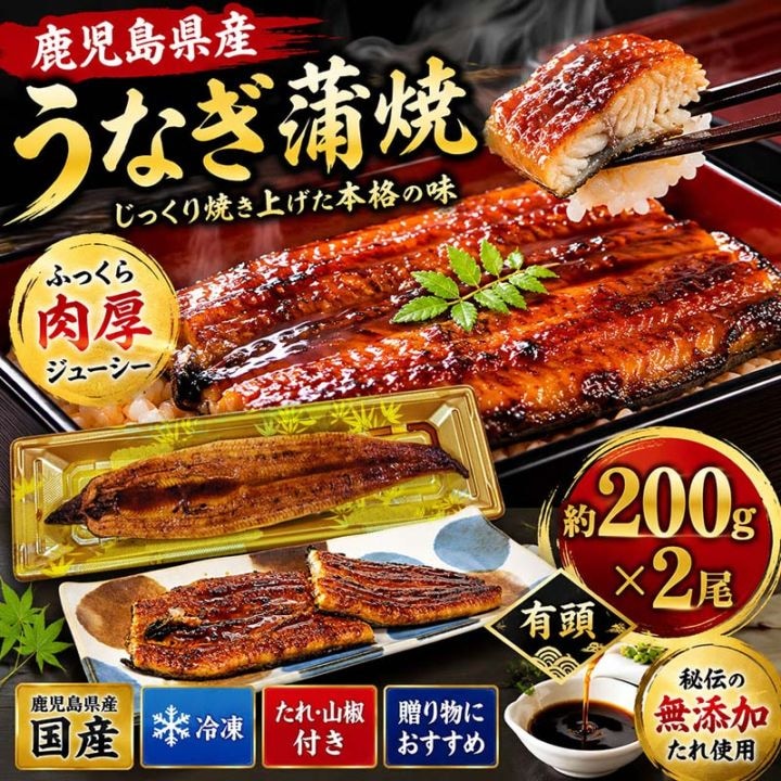 鹿児島県産 うなぎ蒲焼(冷凍) じっくり焼き 有頭 約200g 2尾 国産 鹿児島うなぎ 鰻 ウナギ 蒲焼 ギフト 贈り物 土用 丑の日