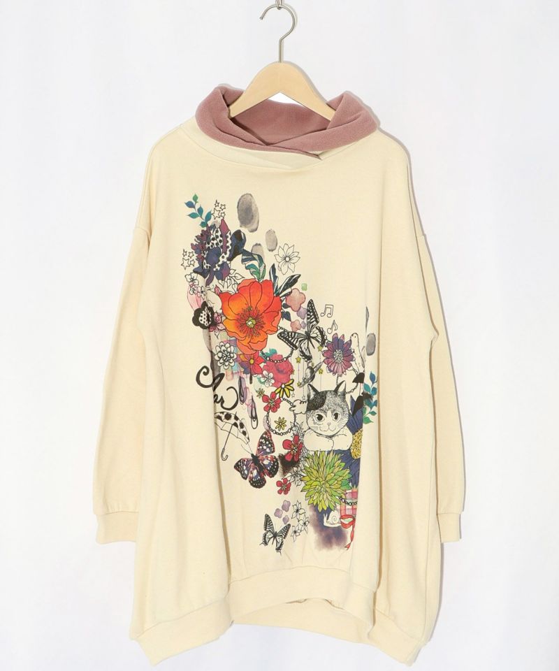 スカラー / ネコ花柄モックネック裏毛ワンピース | ITEM,Dress