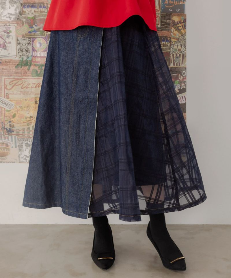 イズスカラー / シアーチェック異素材切替 蝶刺繍スカート