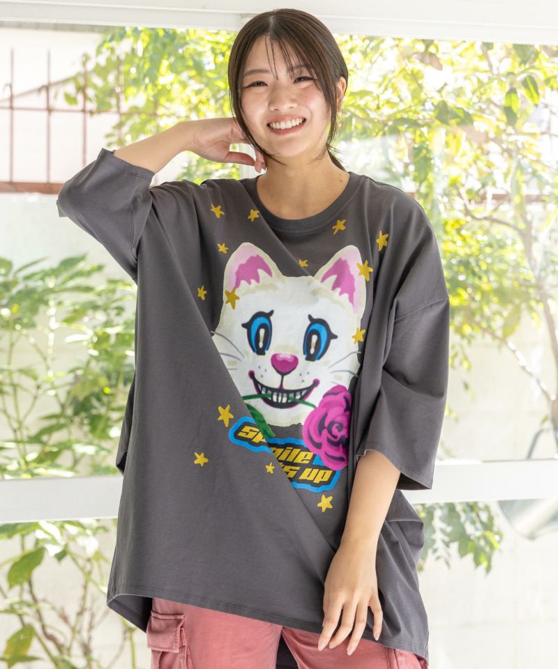 スカラー / バラをくわえたネコ柄 ラメプリントチュニック