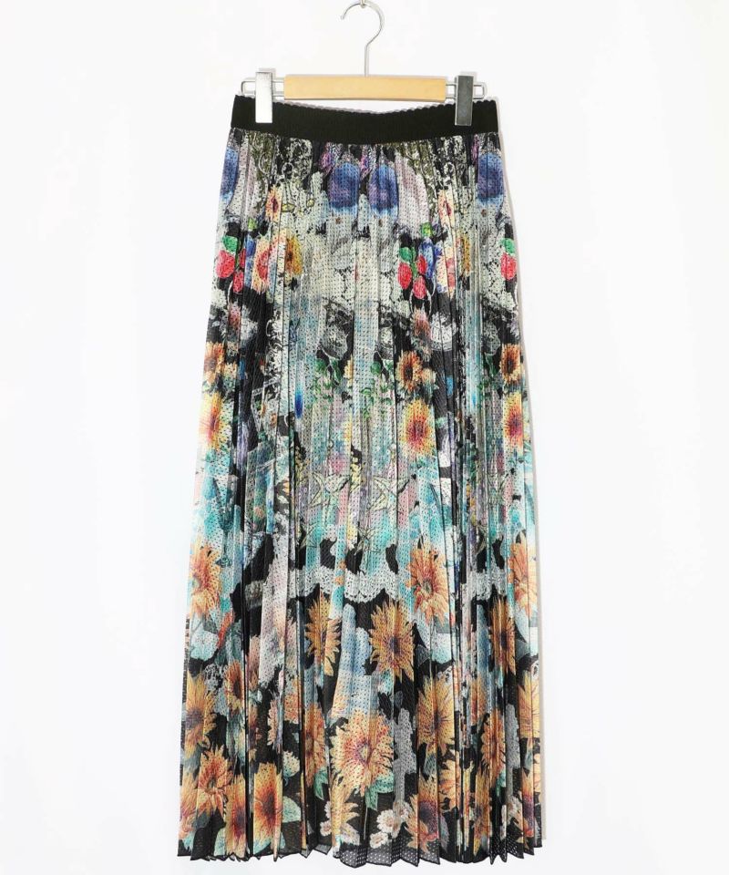 スカラー ScoLar 蝶花ひまわり柄メッシュプリーツスカート （アイボリー） スカラー ScoLar 蝶花ひまわり柄メッシュプリーツスカート