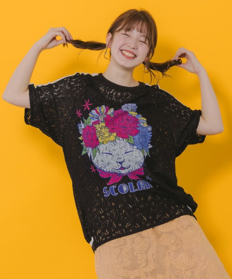 スカラー / 花ネコ柄レースTシャツ