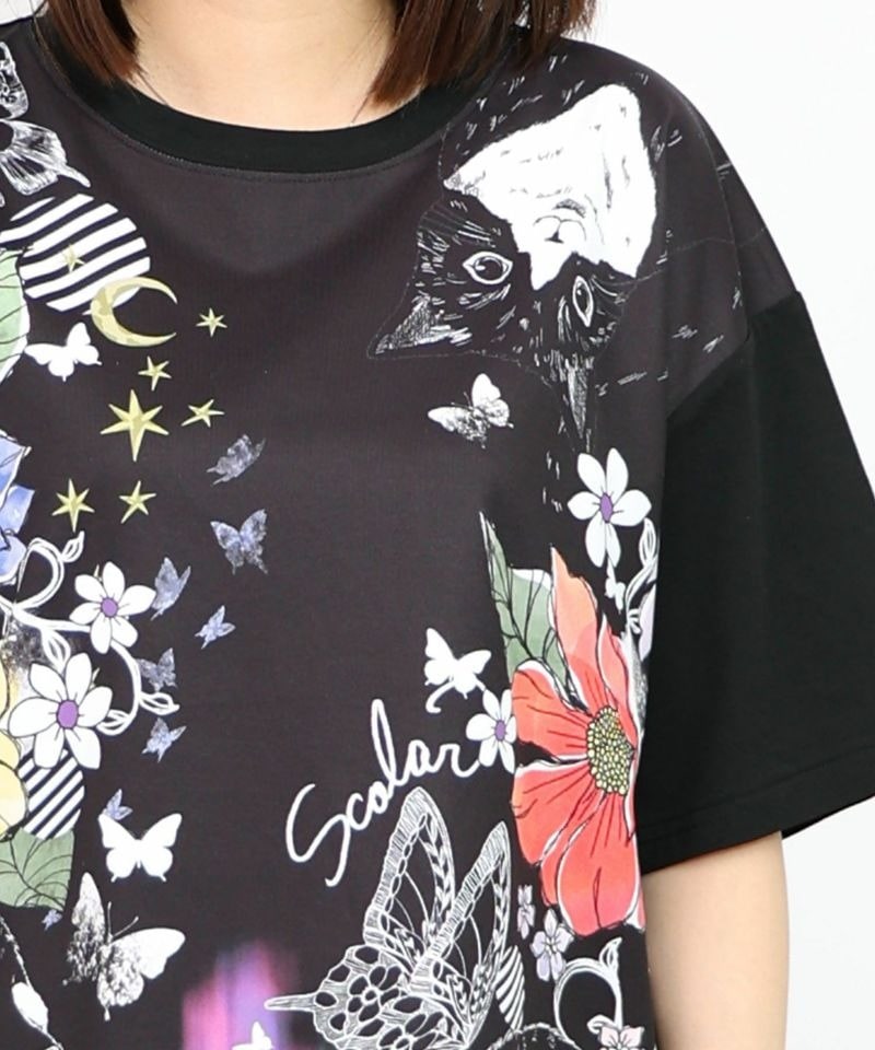 アスカ様✨美品 レオナール　半袖　Tシャツ 花柄　黒ｘオレンジLサイズ アスカ様✨美品 レオナール 半袖 Tシャツ 花柄 黒xオレンジLサイズ