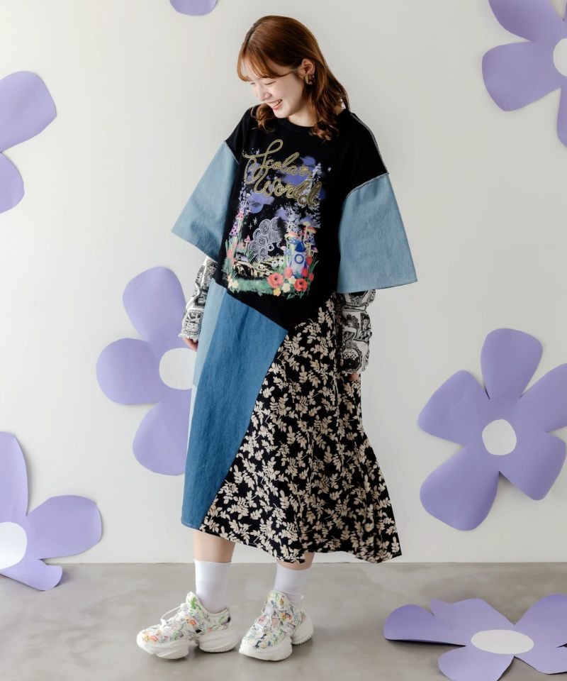 スカラー ScoLar ゆったり スタイリング柄アップリケ Tシャツワンピース ScoLar