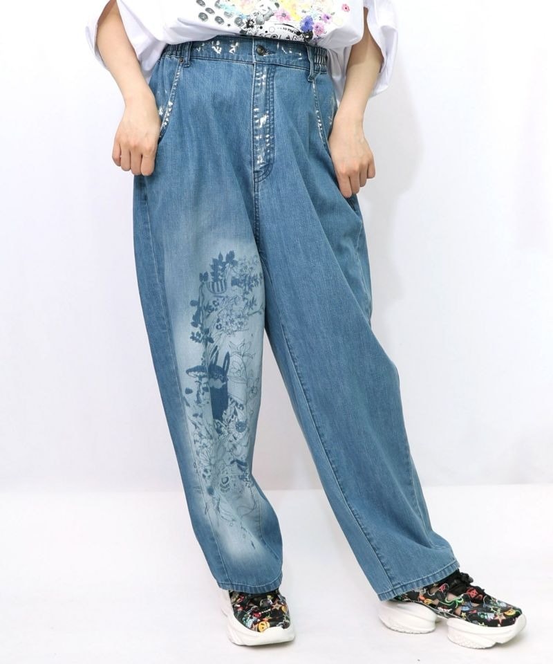 スカラー デニム スカラー ScoLar 蝶花アップリケ ストレッチデニムパンツ