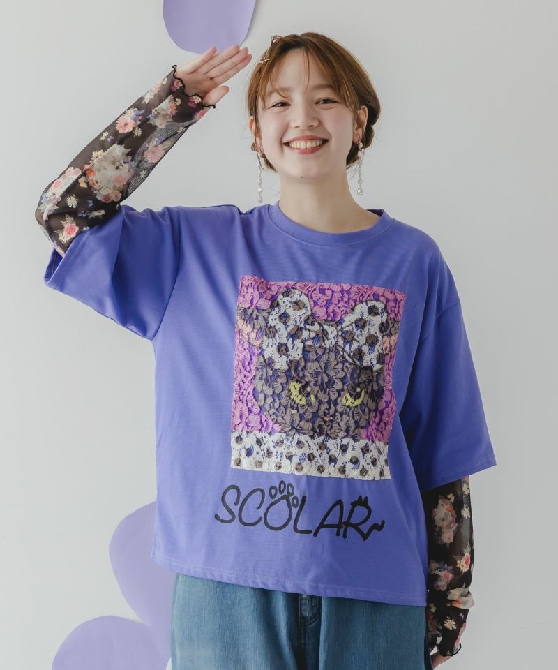 スカラー ScoLar 花とネコ柄のレイヤード風 接触冷感ロンT （オフホワイト） スカラー ScoLar 花とネコ柄のレイヤード風 接触冷感ロンT
