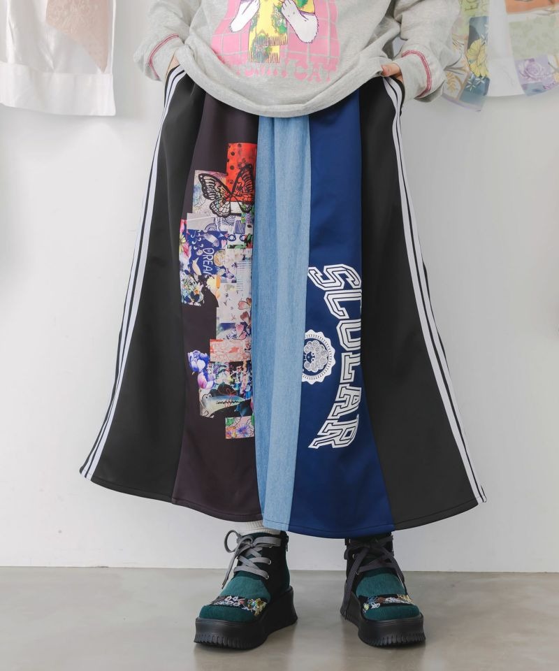 スカラー / ロゴコラージュ柄 デニム×ジャージ切替スカート