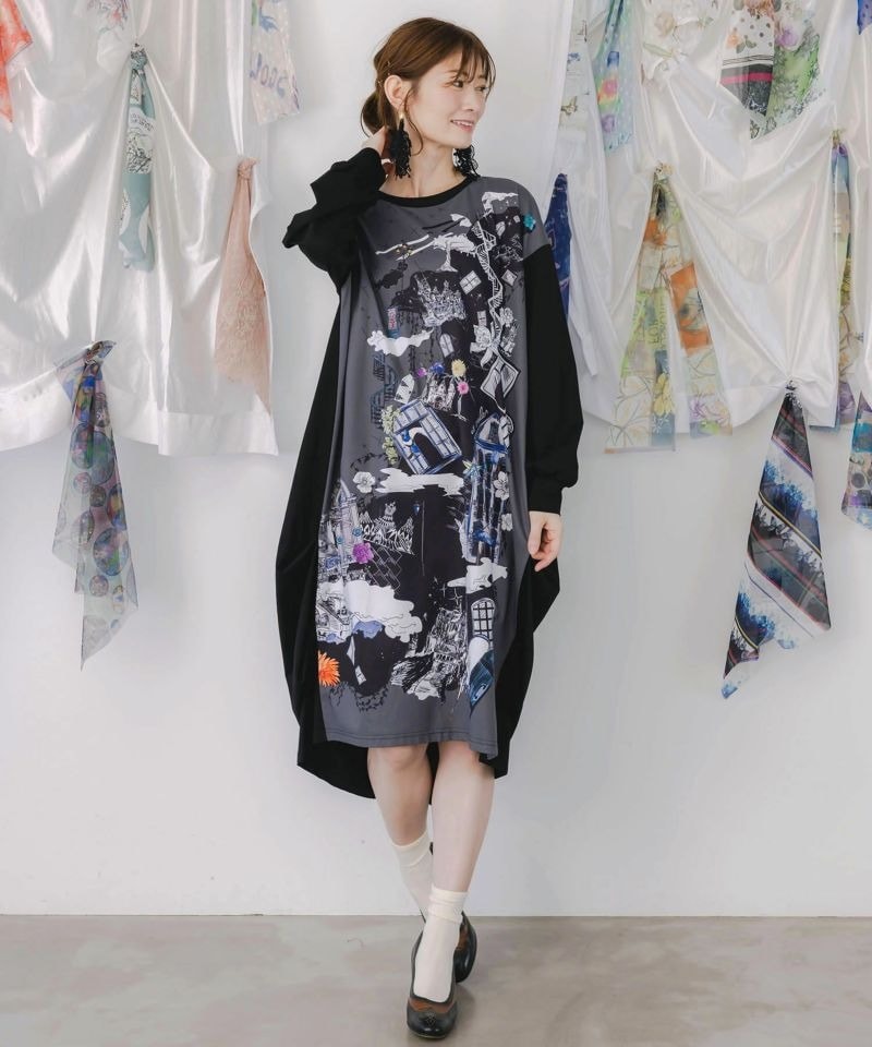 イズスカラー / 不思議な街柄タック入りワンピース